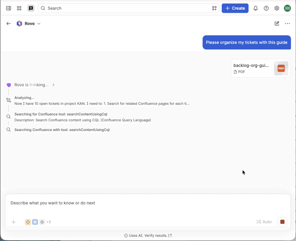 Rovo обрабатывает запрос и начинает искать данные в Jira и Confluence.