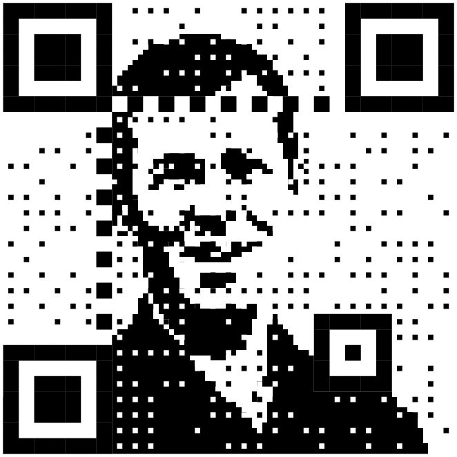 Дизеринг-фото Дейва Ричесона со стандартными паттернами выравнивания QR-кода и вкраплениями чёрных и белых пикселей