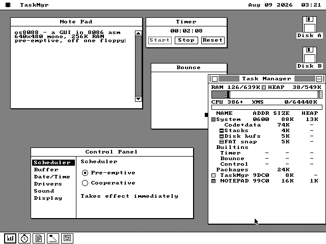 Рабочий стол os8088: строка меню сверху, окно Note Pad с текстом, счётчик Clock, окно Bounce, Control Panel с выбором вытесняющего/кооперативного режима и Task Manager с графиком загрузки CPU