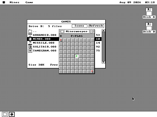 Файловый менеджер Disk показывает папку GAMES — MINES.O88, SOLITAIR.O88 и ARKANOID.O88, каждый со своей иконкой — поверх открыто окно Minesweeper с частично раскрытым полем 9 на 9 с цветными цифрами и красными флажками