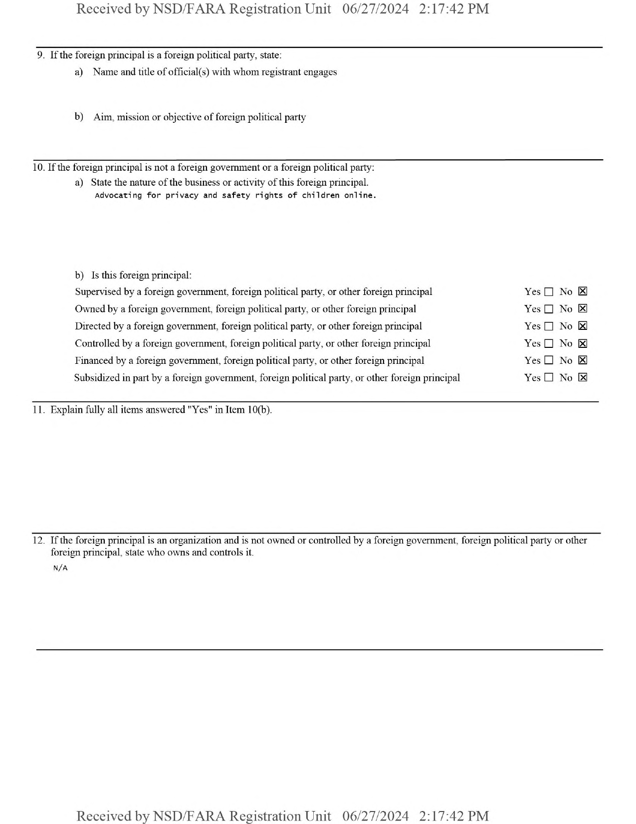 Вопросы 10–12 формы FARA Exhibit A компании Capitol Connection для 5Rights, где по каждому пункту 10(b) отмечено 'Нет', а в пункте 12 указано 'Н/Д'