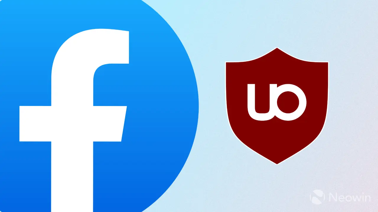Синий логотип Facebook слева и тёмно-красный логотип-щит uBlock Origin с буквами ub справа