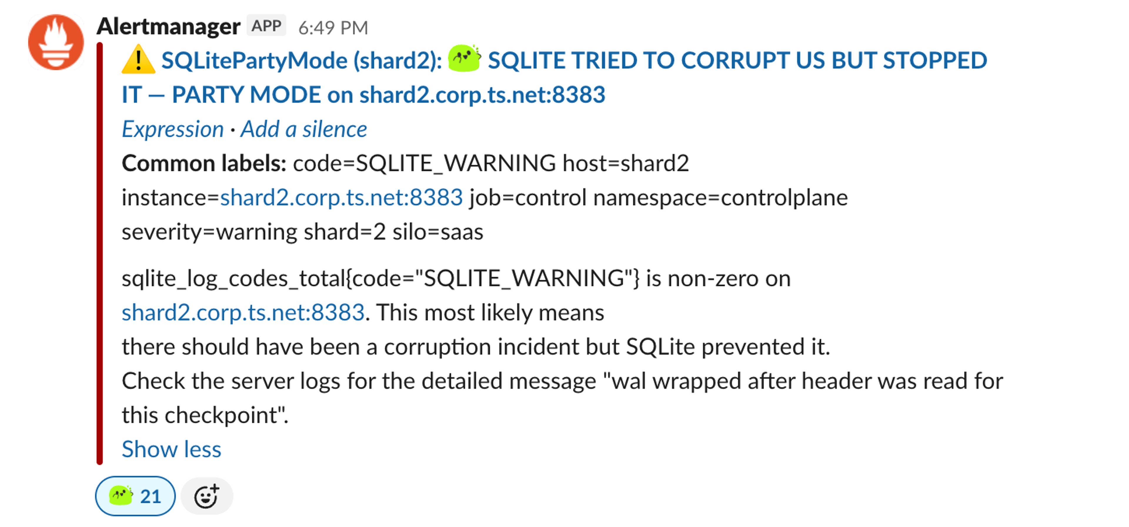 Уведомление Alert Manager с предупреждением SQLitePartyMode: SQLite попытался вызвать повреждение на shard2.corp.ts.net:8383 в party mode, но система это предотвратила.