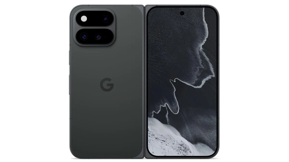 Pixel 11 Pro Fold в цвете Obsidian, вид сзади в развёрнутом состоянии