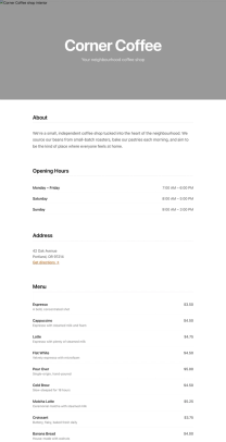 Страница кофейни, сгенерированная DeepSeek V4 Pro — средний запуск