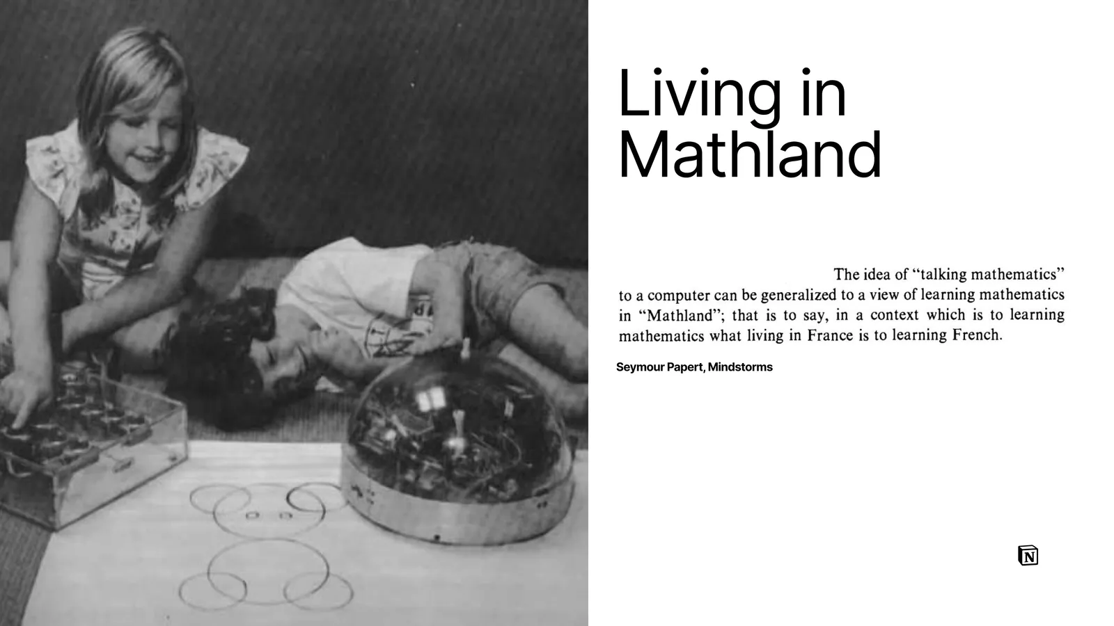 Слайд об идее Паперта 'жить в Mathland'.