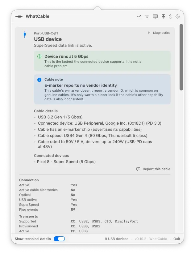 WhatCable показывает идентичность e-marker кабеля, скорость, номинал мощности и подключённое устройство