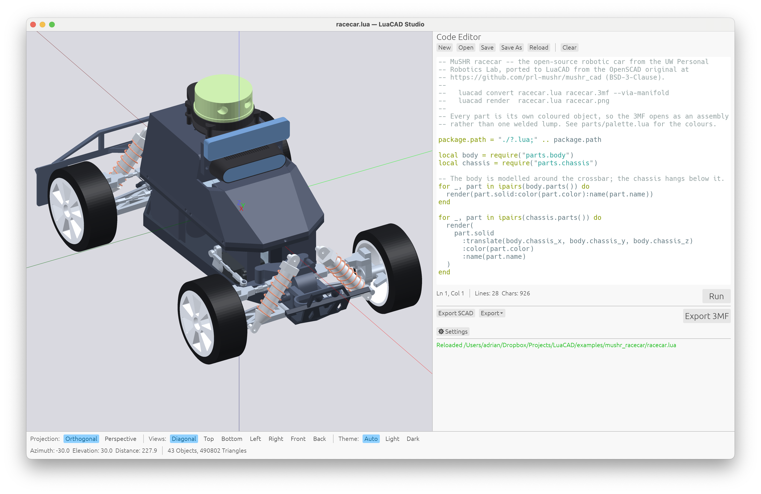 LuaCAD Studio с превью модели гоночной машины MuSHR — сборки из 43 деталей и 490 802 треугольников, рядом со скриптом на Lua, который её строит