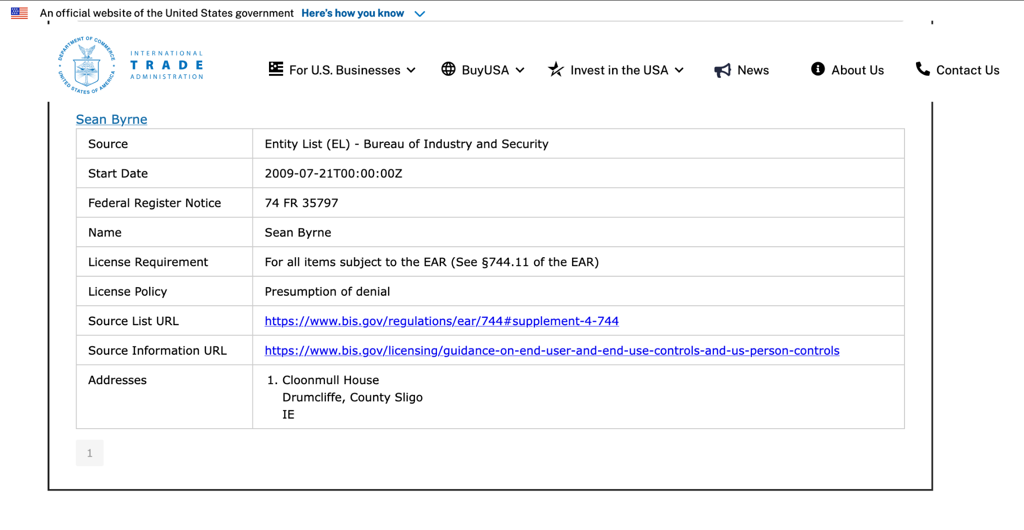 Результат поиска по государственному Consolidated Screening List США: Шон Бирн числится в Entity List Бюро промышленности и безопасности по адресу в Драмклиффе, графство Слайго.