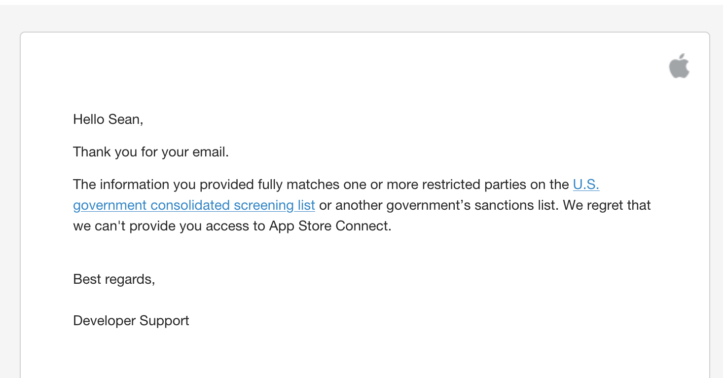 Письмо службы поддержки разработчиков Apple о том, что предоставленная информация полностью совпадает с одной или несколькими ограниченными сторонами из санкционного списка США.