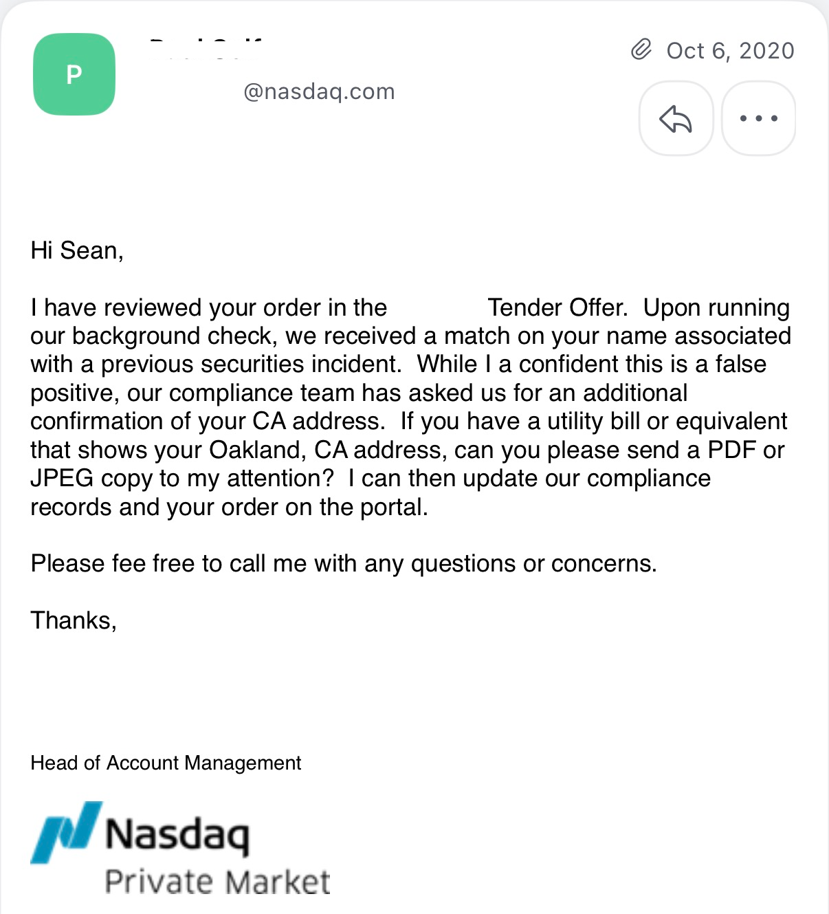 Письмо Nasdaq о том, что проверка биографических данных выявила совпадение по имени.