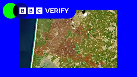 Sentinel-2, Copernicus — спутниковый снимок последствий лесных пожаров на большой территории на юго-западе Франции, рядом с Бордо