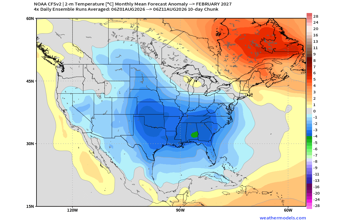 winter-2026-2027-february-strong-el-nino-temperature-anomaly-pattern-snowfall-cold-forecast-united-states-canada-cfsv2