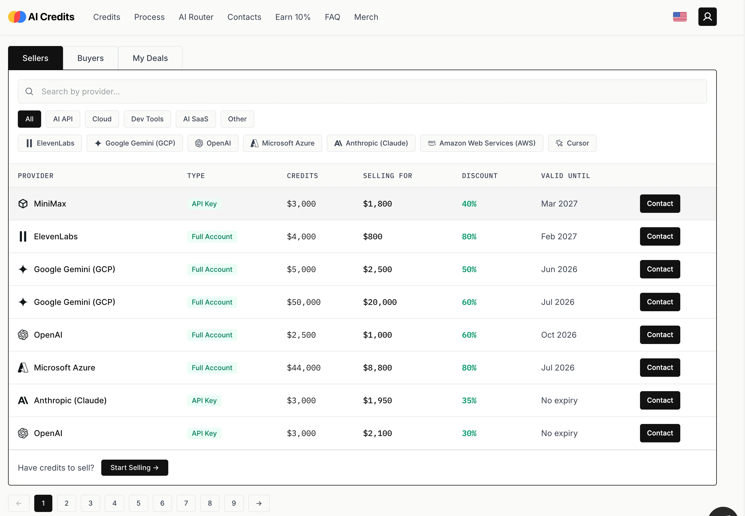 Скриншот таблицы продавцов AI Credits со списком кредитов MiniMax, ElevenLabs, Google Gemini, OpenAI, Microsoft Azure и Anthropic со скидками от 30% до 80%