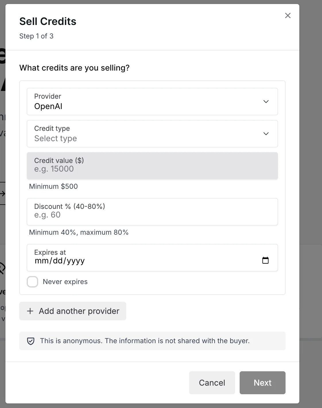 Скриншот формы Sell Credits на AI Credits с запросом провайдера, типа кредита, суммы и скидки от 40 до 80 процентов