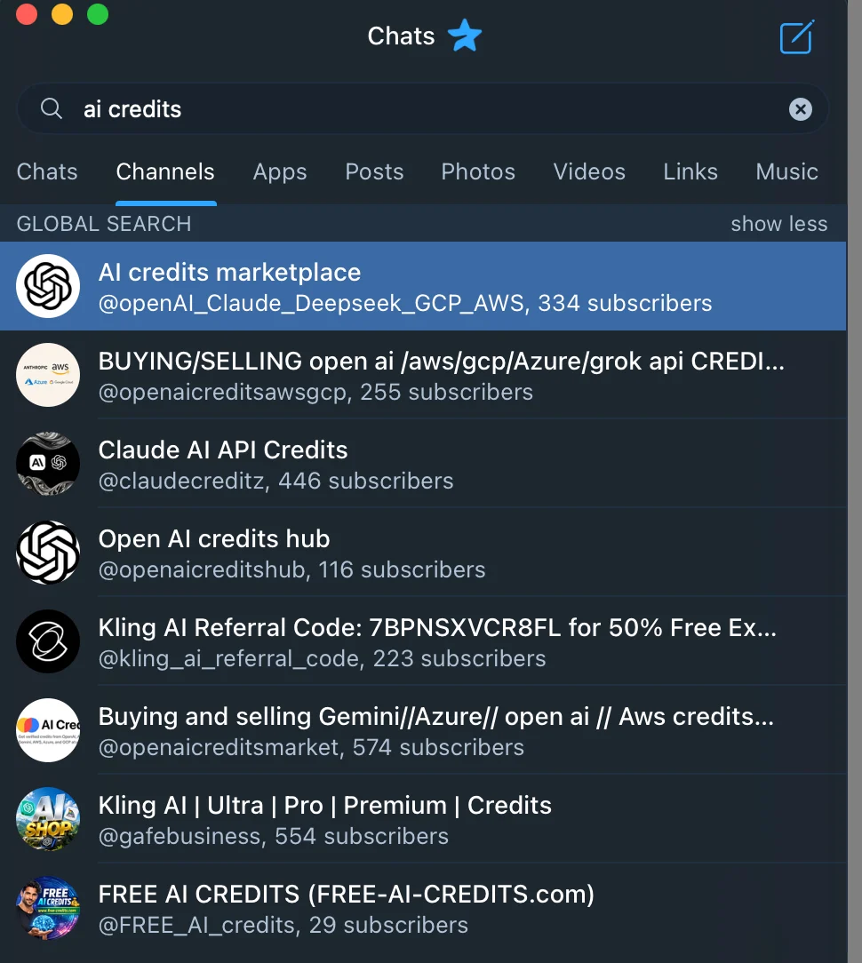 Скриншот поиска в Telegram по запросу 'ai credits', выдающего каналы, посвящённые покупке и продаже кредитов OpenAI, Claude, Gemini, Azure и AWS, у каждого по несколько сотен подписчиков