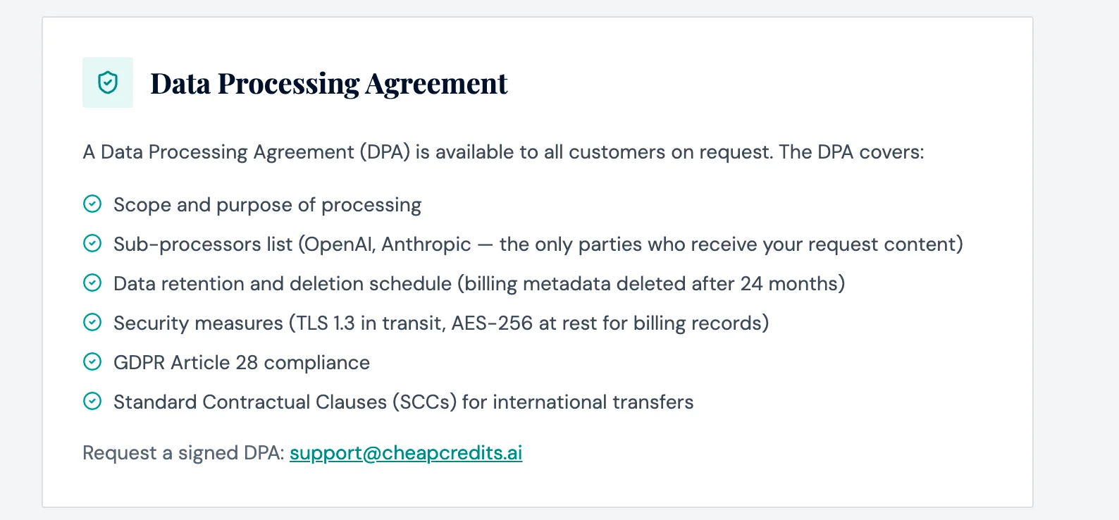 Скриншот раздела Data Processing Agreement на сайте CheapCredits с указанием соответствия статье 28 GDPR, стандартных договорных положений и OpenAI и Anthropic в качестве субподрядчиков по обработке данных