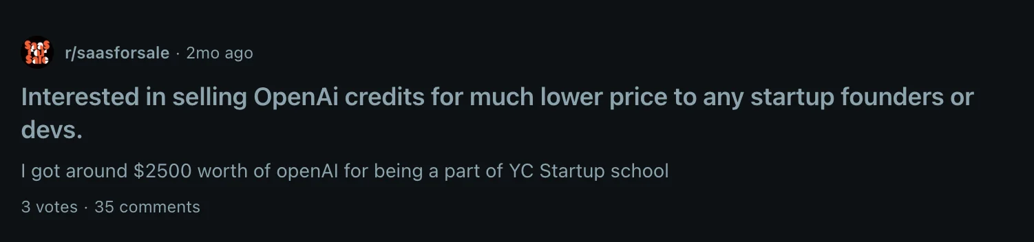 Скриншот поста на r/saasforsale с предложением около $2500 кредитов OpenAI, полученных через YC Startup School, для основателей и разработчиков