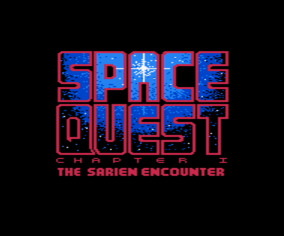 Титульный экран Space Quest 1: The Sarien Encounter, рендеренный AGI-64 на Commodore 64