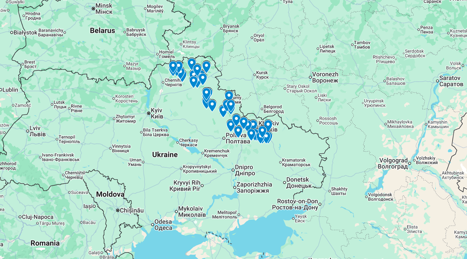 Точки на карте вблизи границы Украины и России