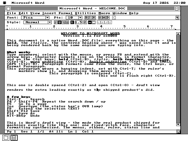 Microsoft Word открыт на рабочем столе os8088, показан приветственный документ с центрированным заголовком, жирным и курсивным текстом и абзацем с отступом