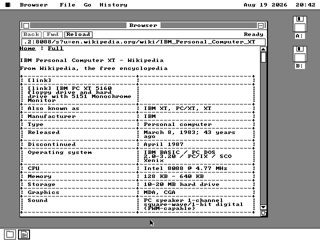 Браузер os8088 показывает статью Википедии про IBM PC XT, инфобокс отрисован как таблица с рамками