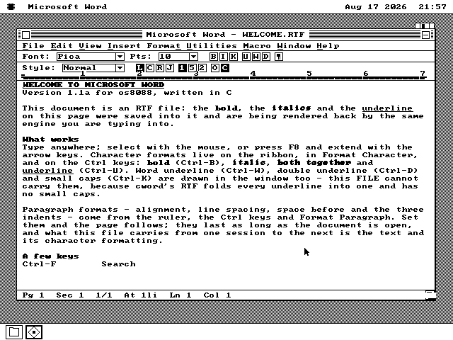Текстовый процессор открыт на рабочем столе os8088, показан приветственный документ с жирным заголовком и текстом, выделенным жирным, курсивом и подчёркиванием
