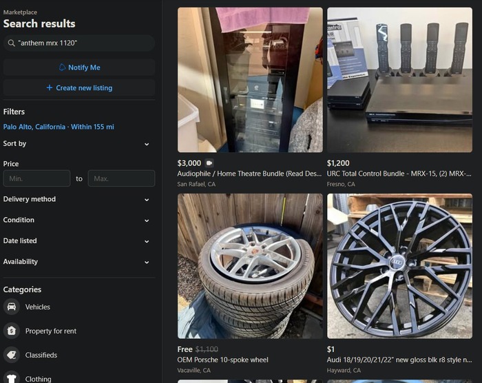A Facebook Marketplace search for the home theater receiver query