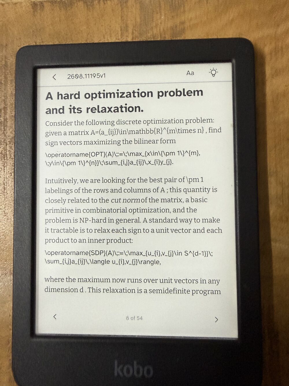 Раздел препринта arXiv 'A hard optimization problem and its relaxation' на экране Kobo Clara BW