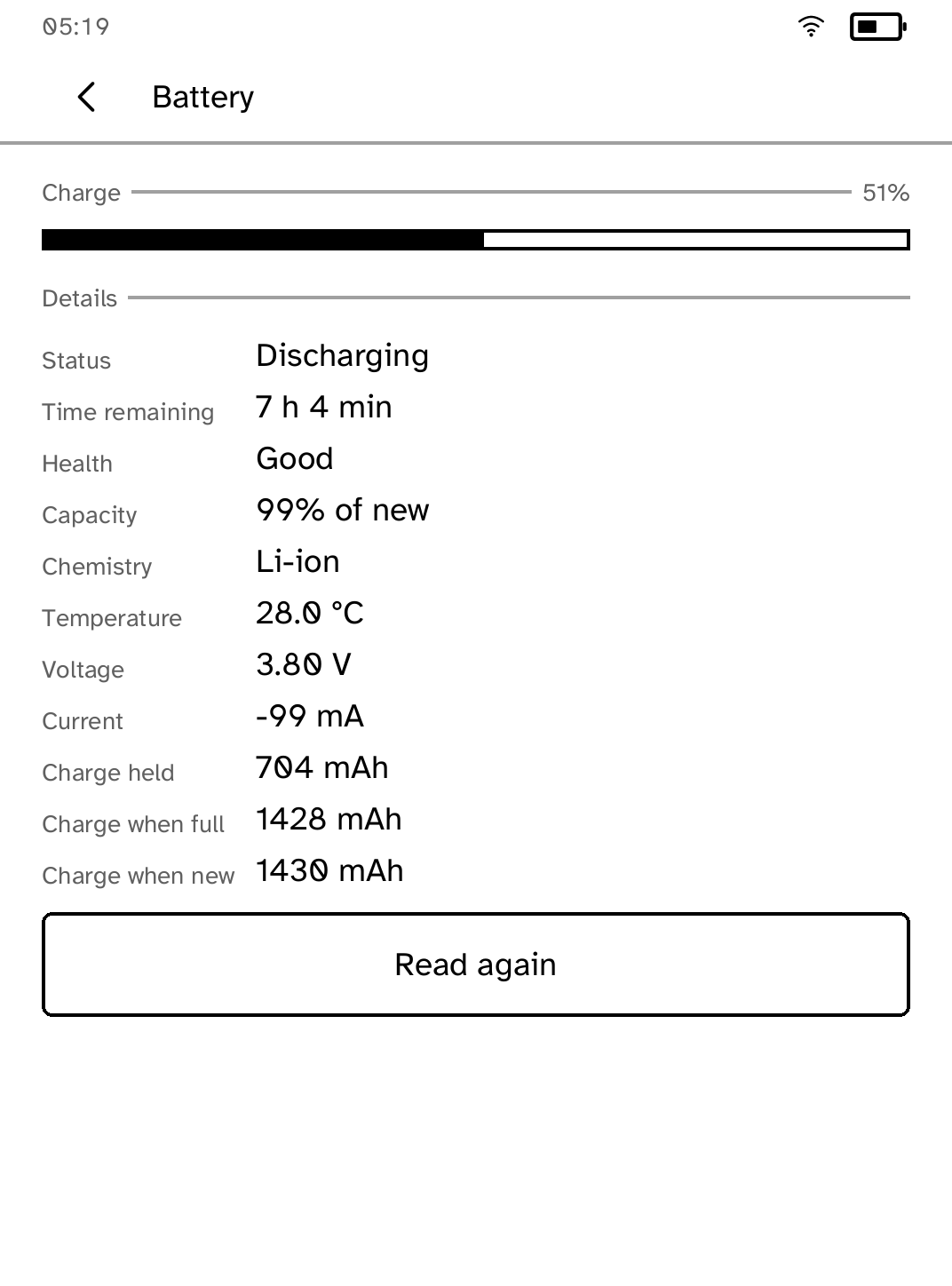 Состояние батареи и информация об оборудовании в разделе Settings