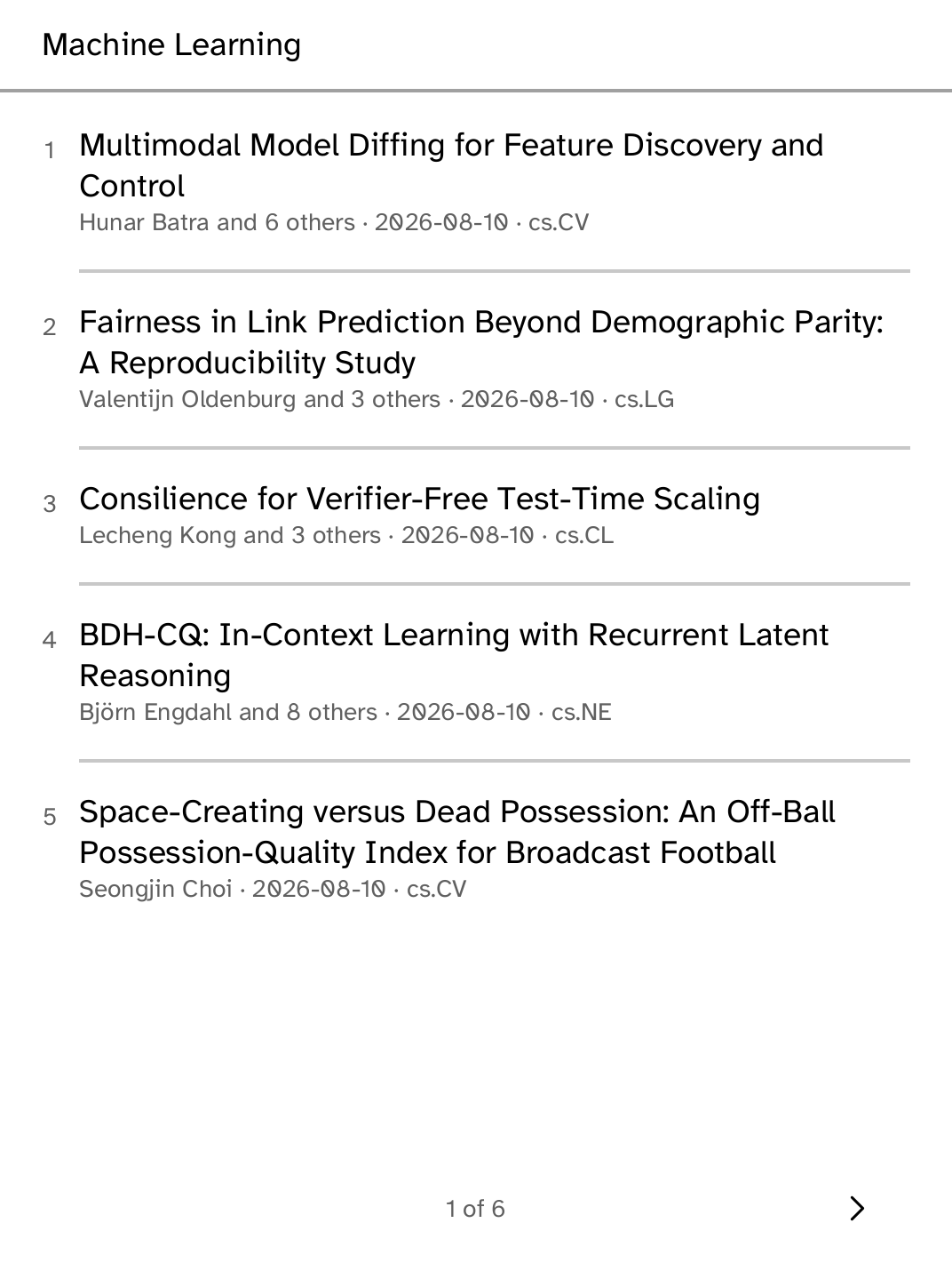 Список новейших препринтов по машинному обучению в приложении arXiv на Kobo
