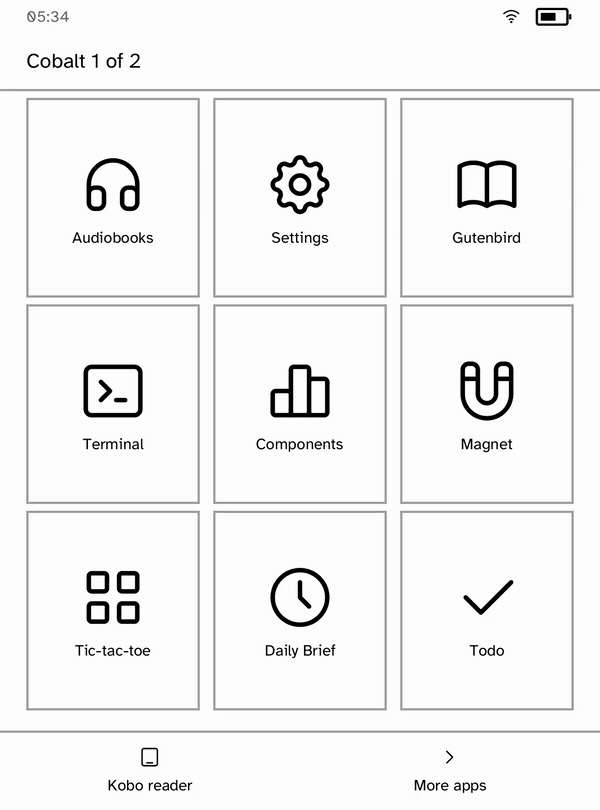 Kobo Clara BW запускает Audiobook Studio, Gutenbird, Terminal, Hacker News, Sidekick и App Store, затем устанавливает, запускает, удаляет и переустанавливает Sudoku по Wi-Fi