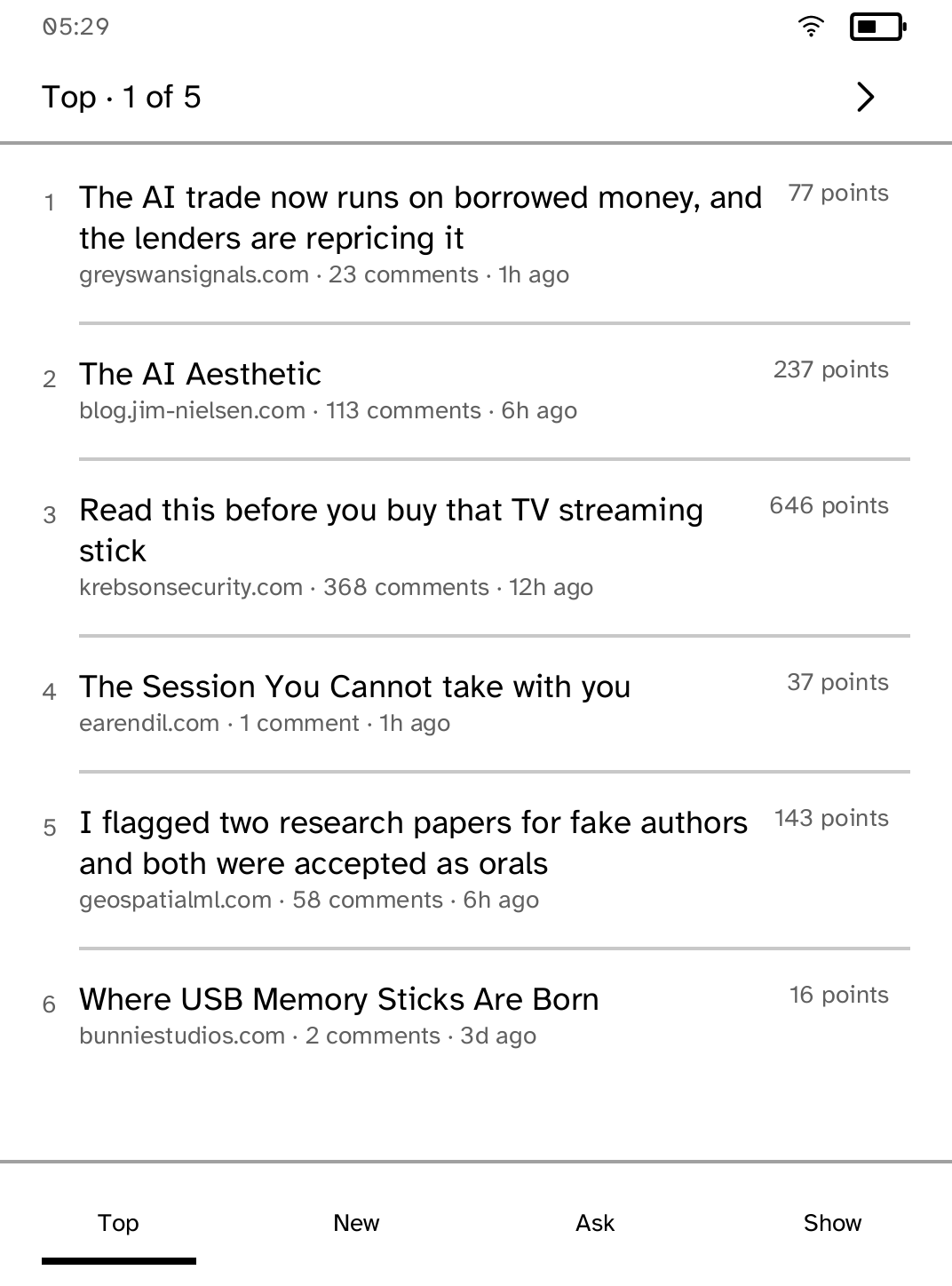 Ранжированный список историй Hacker News на ридере Kobo