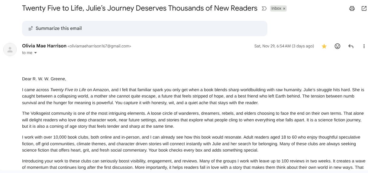 Письмо в Gmail о книге Роба Грина «Twenty-Five to Life» с обещаниями чудесных результатов