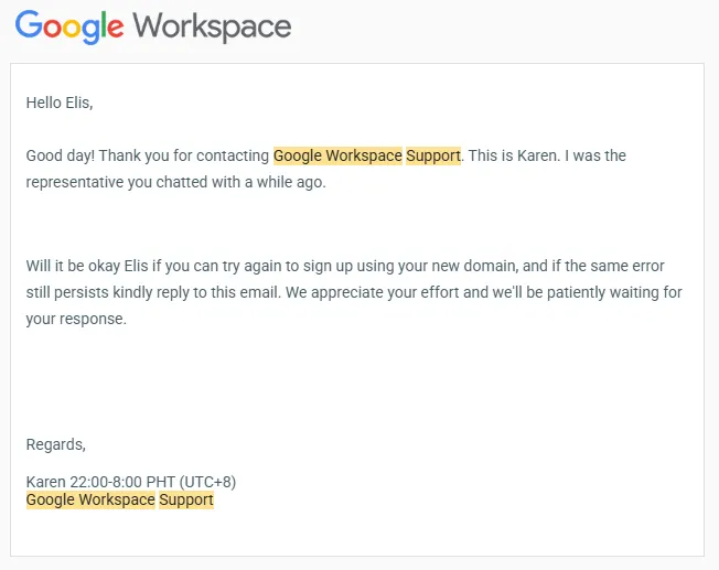Ответ службы поддержки Google Workspace