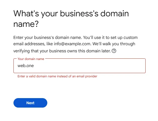Ошибка Google Workspace по домену: 'Введите корректное доменное имя вместо почтового провайдера'