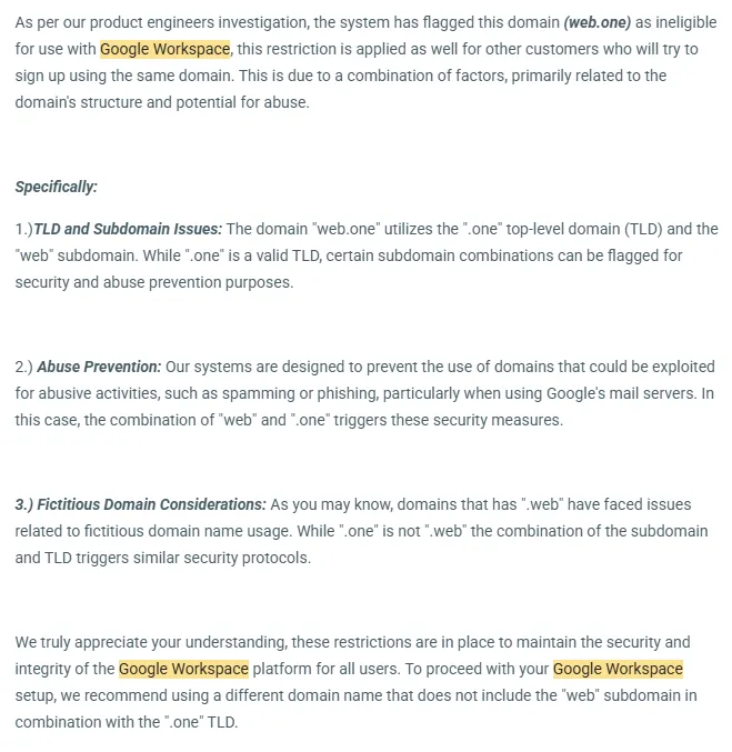 Финальный ответ поддержки Google Workspace после расследования инженеров продукта