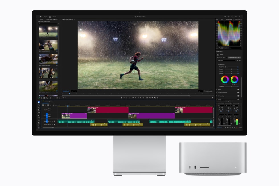 Mac Studio и Studio Display показывают редактирование видеотаймлайна в Adobe Premiere Pro