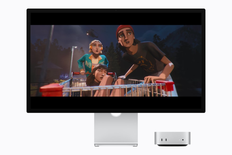 Mac Studio и Studio Display показывают кинематографичную сцену из видеоигры Mixtape