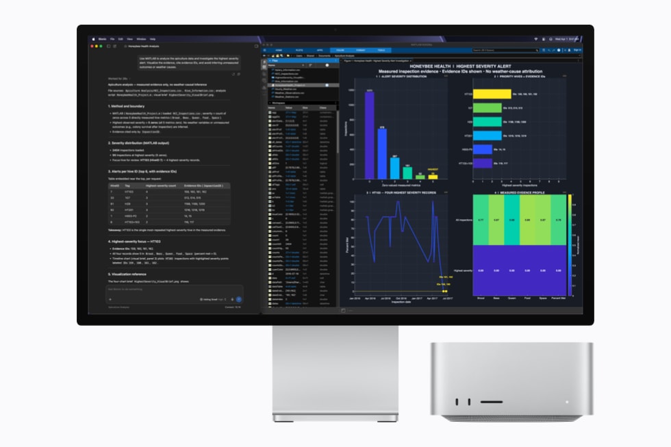 Mac Studio и Studio Display показывают сложные визуализации данных и графики в LM Studio Bionic и MATLAB