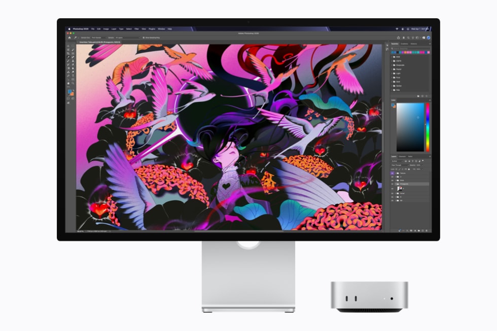 Mac Studio и Studio Display показывают редактирование красочной абстрактной иллюстрации в Adobe Photoshop
