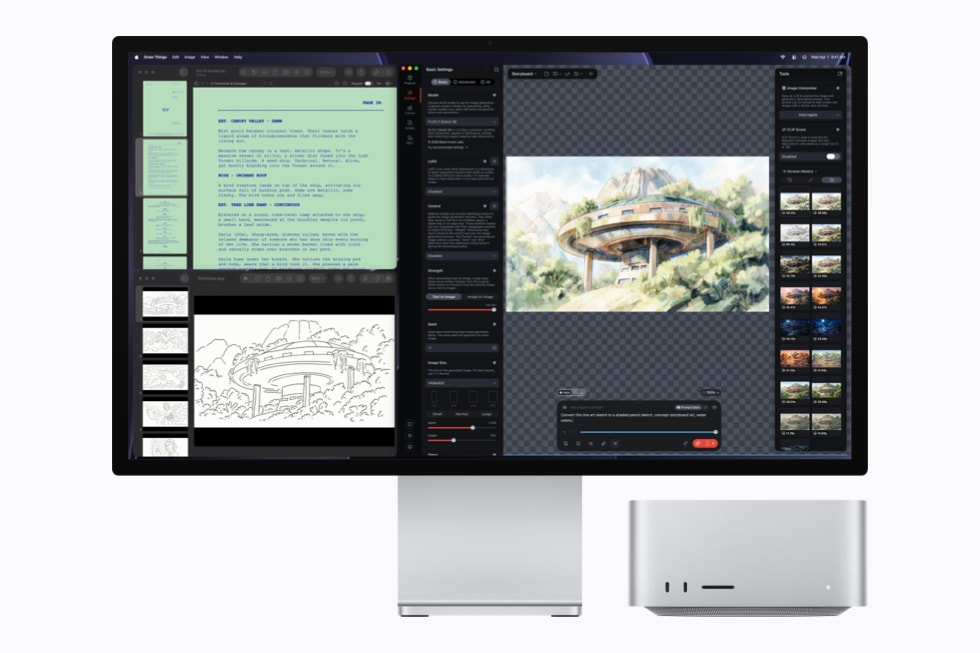 Mac Studio и Studio Display показывают редактирование изображения домика на дереве в приложении Draw Things
