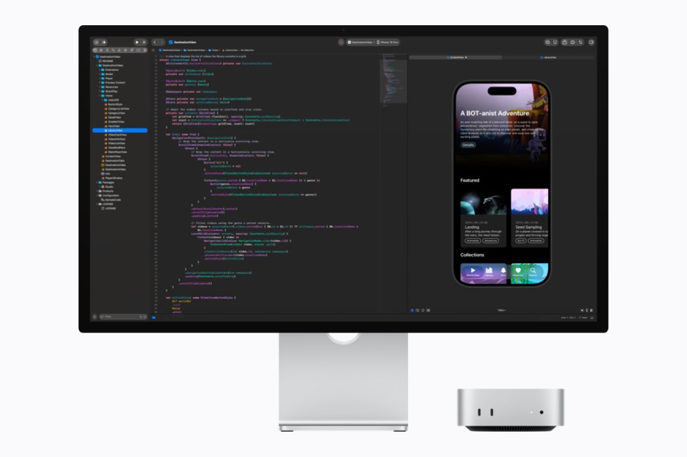 Mac Studio и Studio Display показывают написание кода в Xcode
