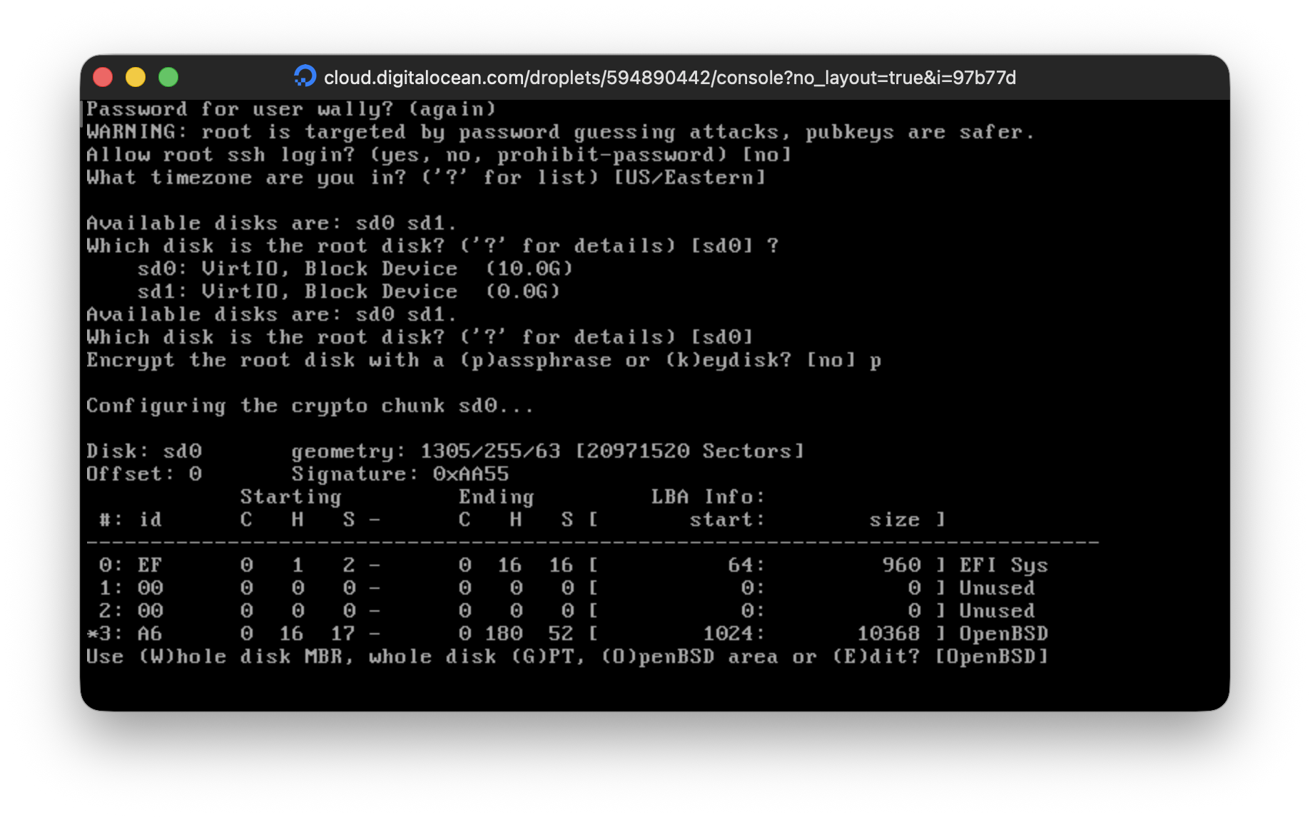 Web Console showing OpenBSD disk setup