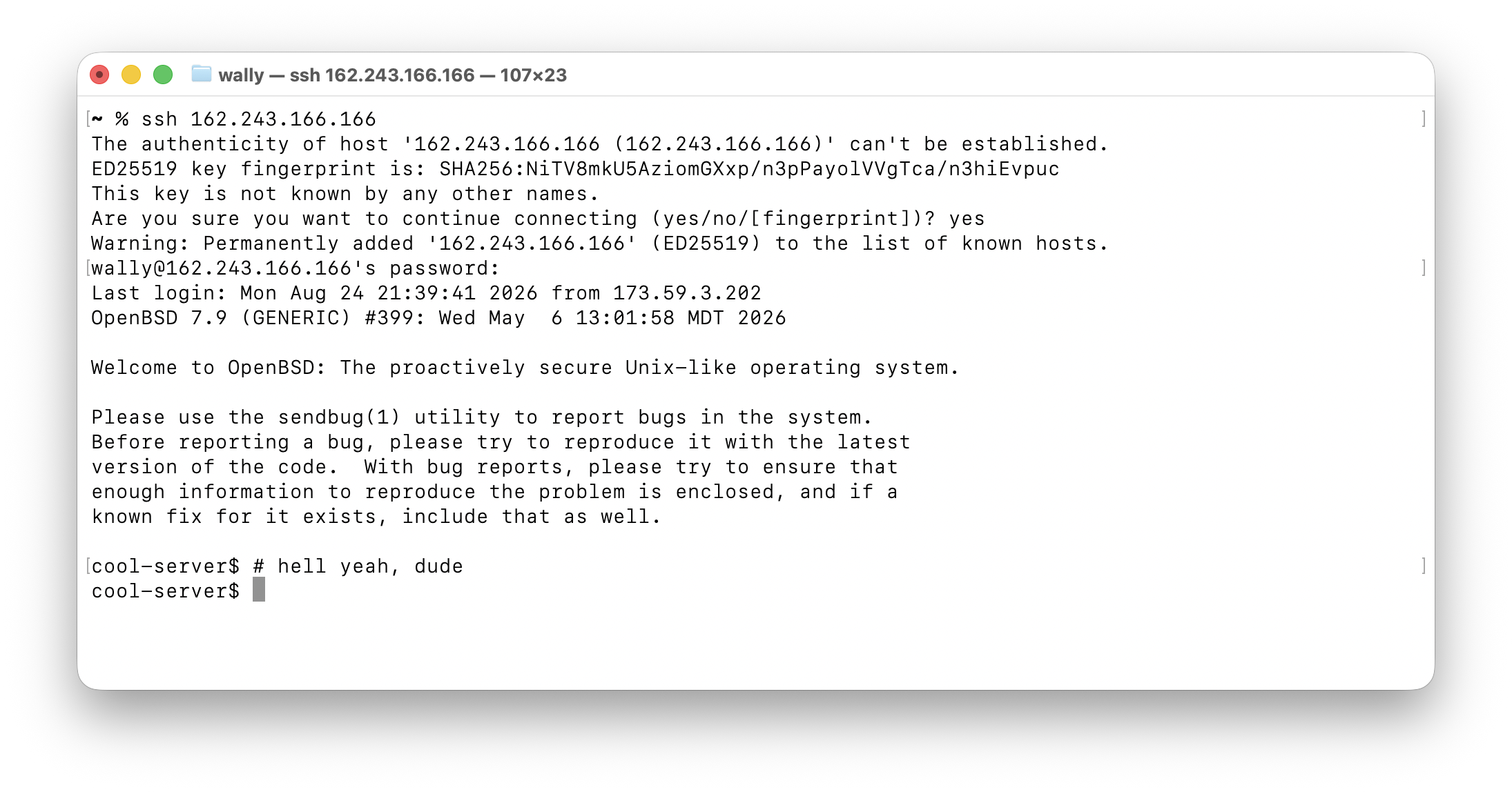 macOS Terminal with SSH connection to new OpenBSD Droplet server