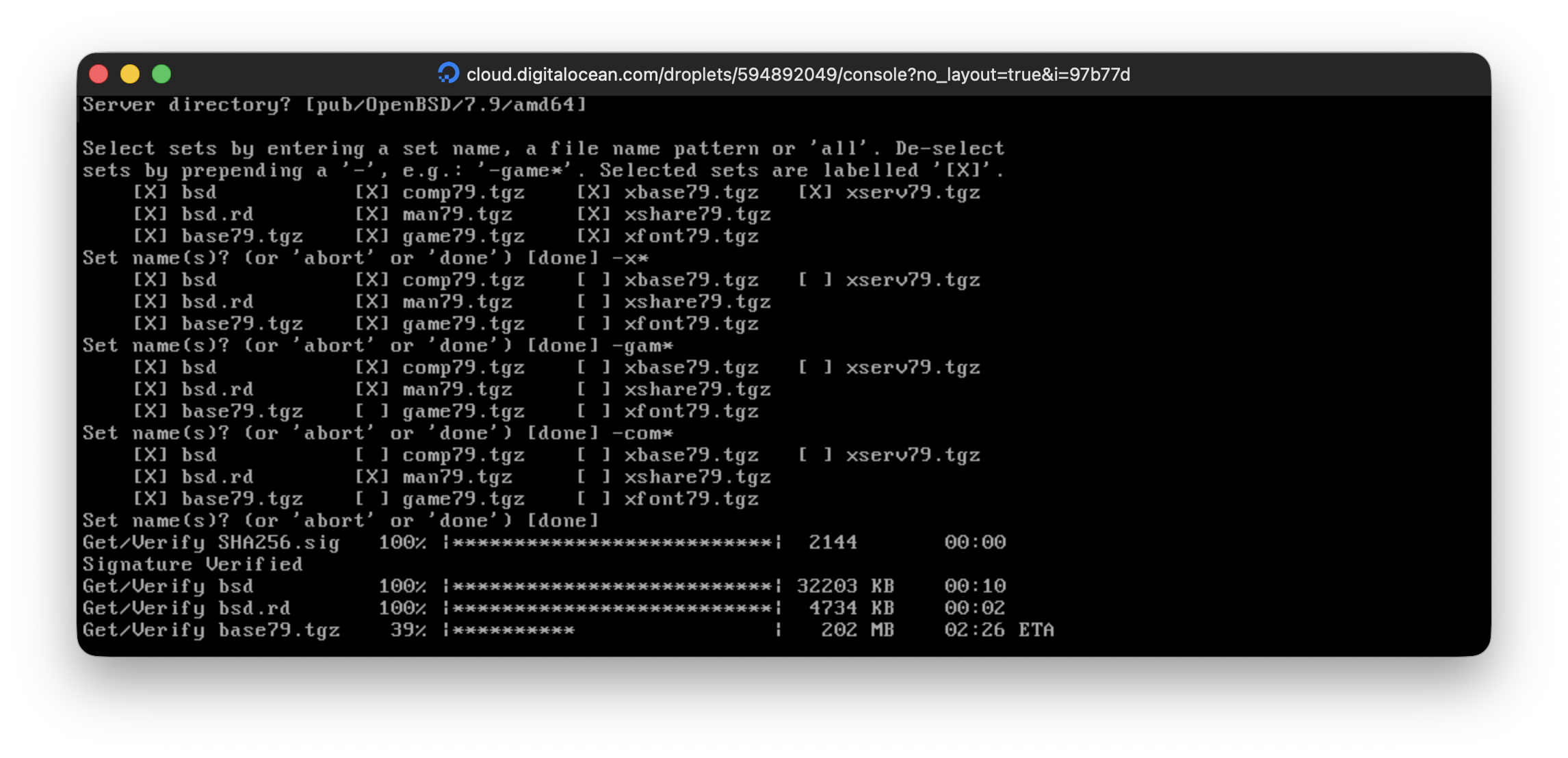 Web Console showing sets installing and verifying
