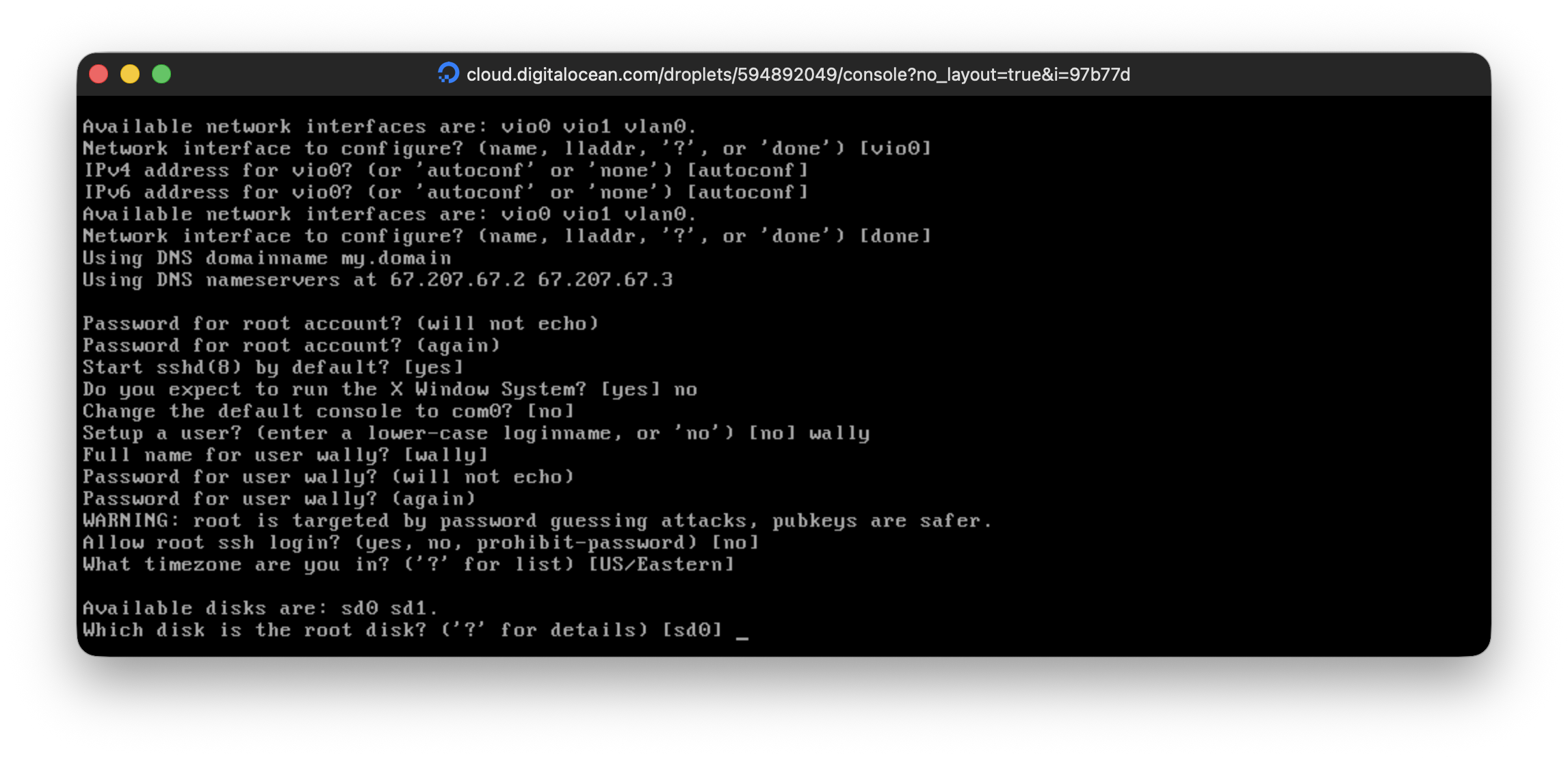 Web Console showing OpenBSD installation options