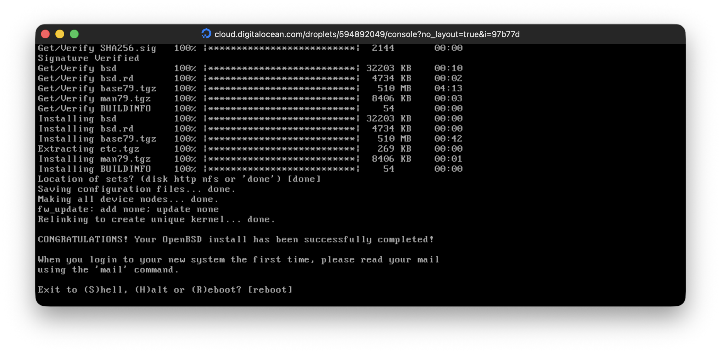 Web Console showing OpenBSD install has been successfully completed!
