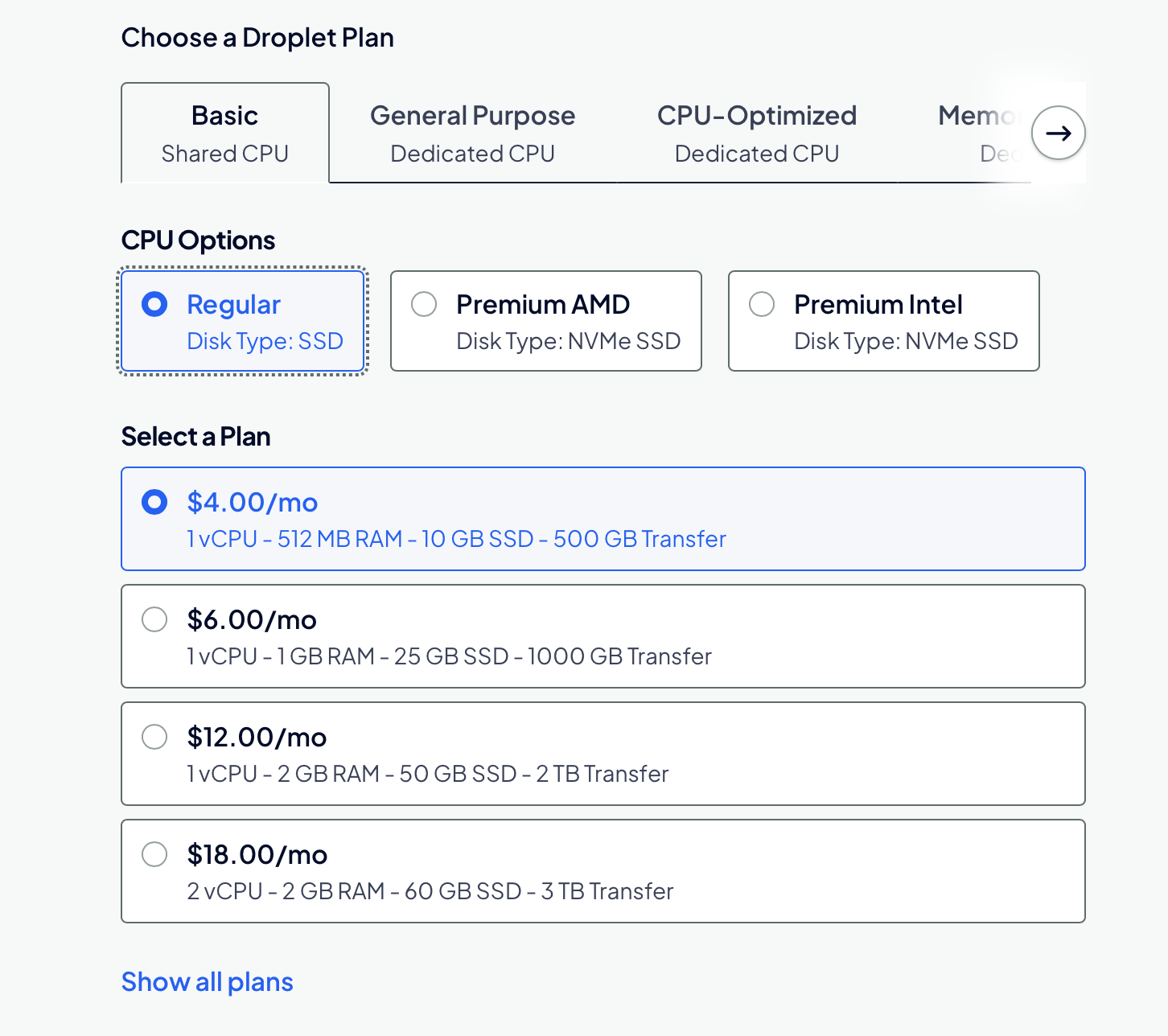 Select Basic / Regular SSD tier Droplet on DigitalOcean