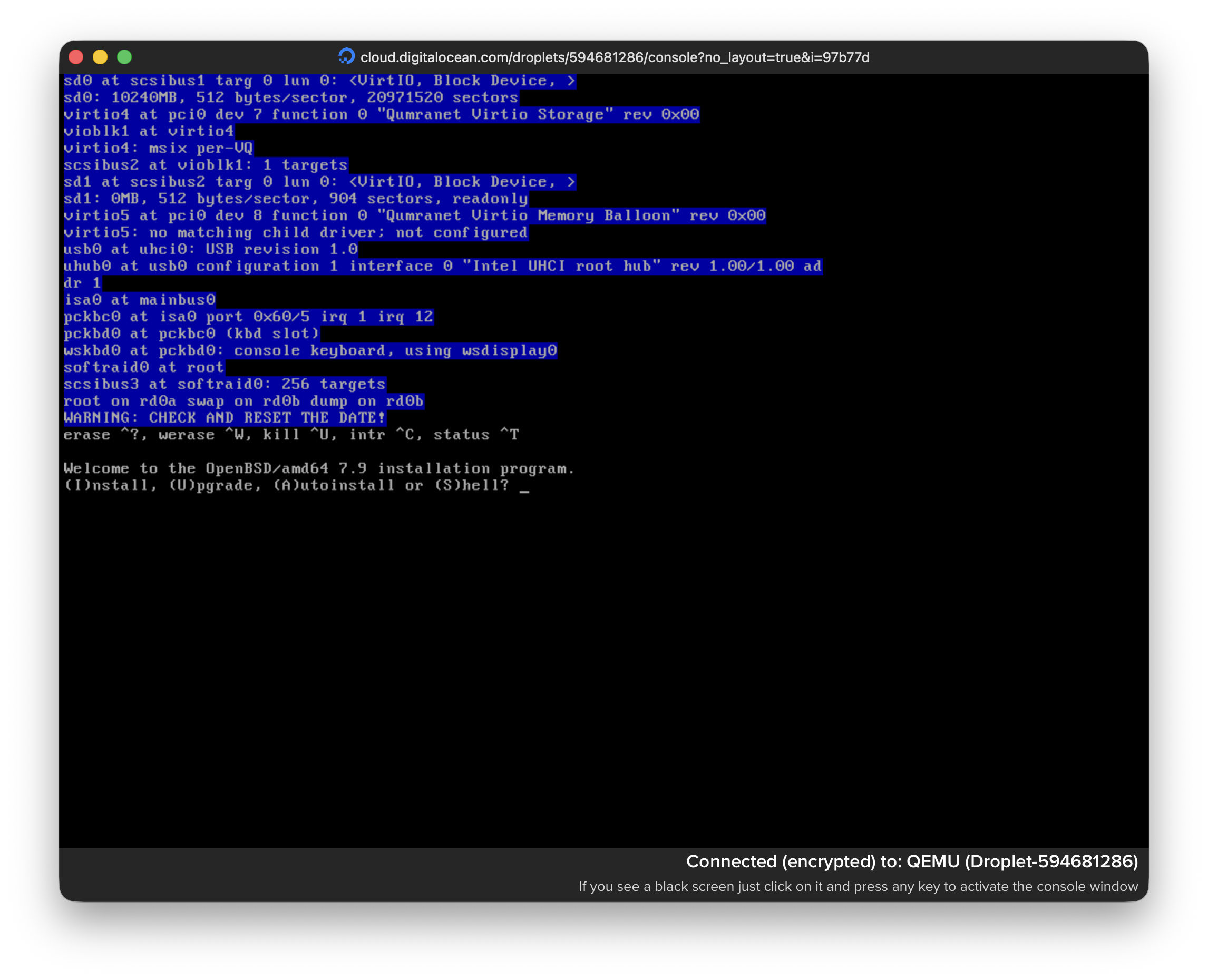 Web Console booting up miniroot79.img on DigitalOcean